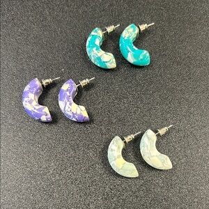 Vintage Crescent Moon Inlay Stud Earrings Set | Purple, Teal, White Shell Style